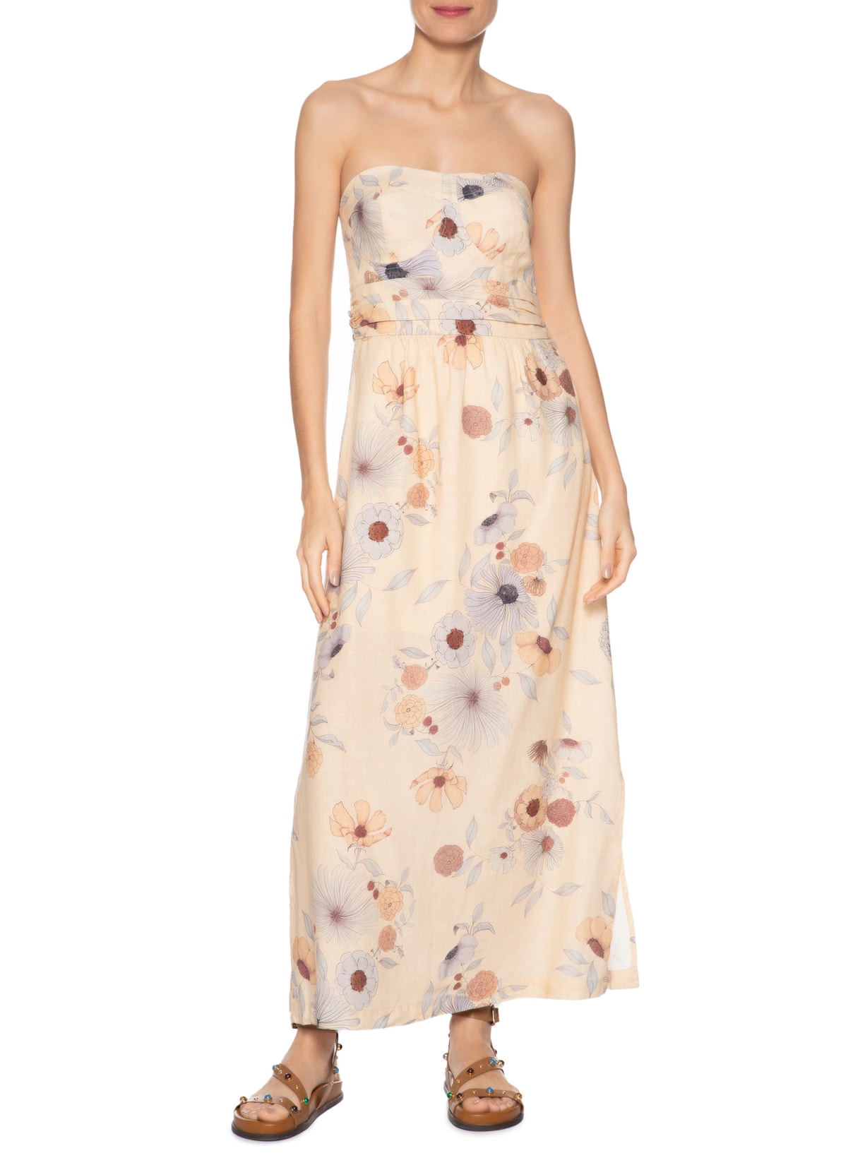 Vestido Sem Alça Linho Estampa Fleur Bege Maria Filó