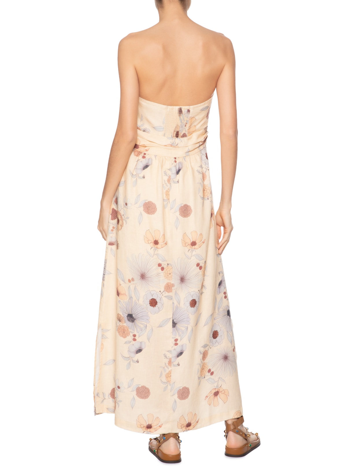 Vestido Sem Alça Linho Estampa Fleur Bege Maria Filó