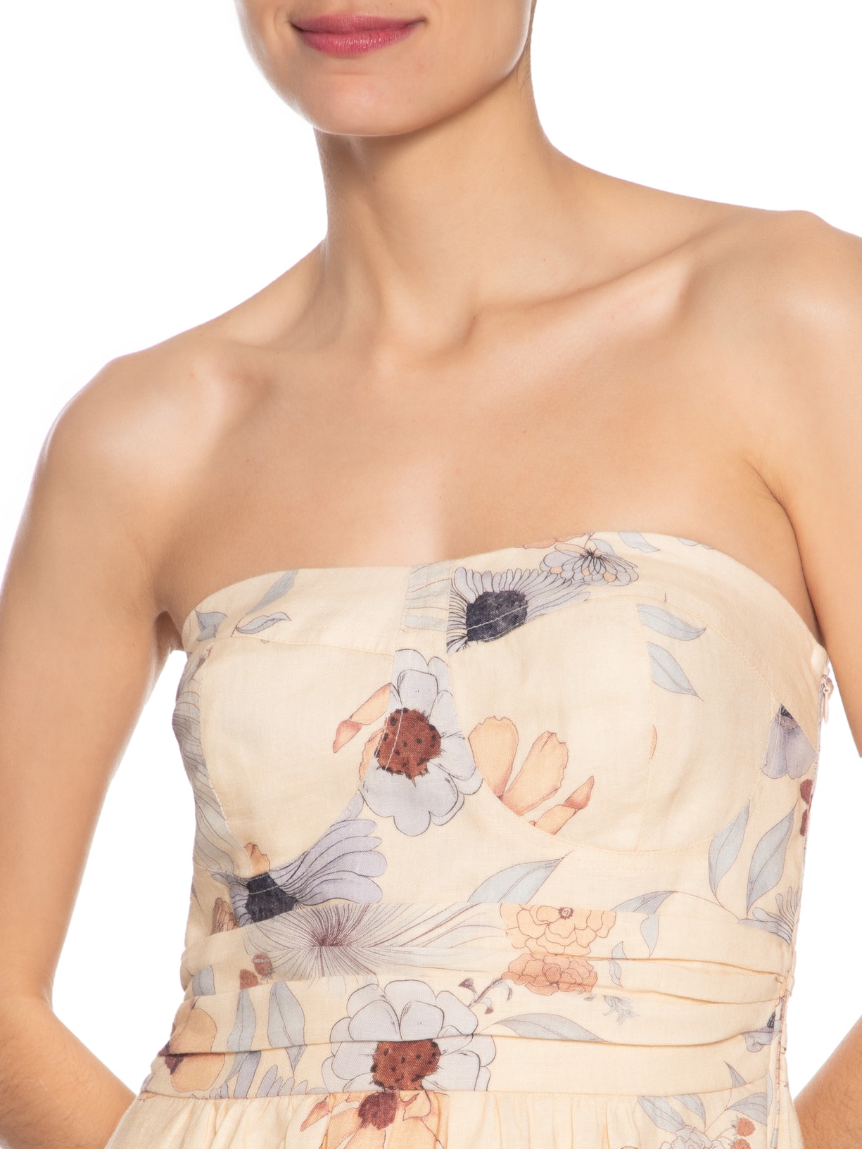 Vestido Sem Alça Linho Estampa Fleur Bege Maria Filó