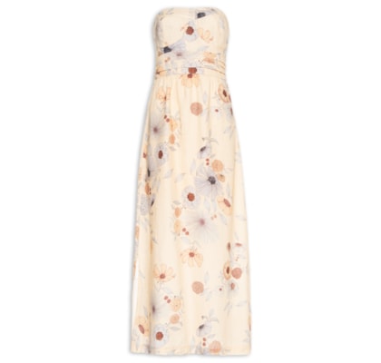 Vestido Sem Alça Linho Estampa Fleur - Bege