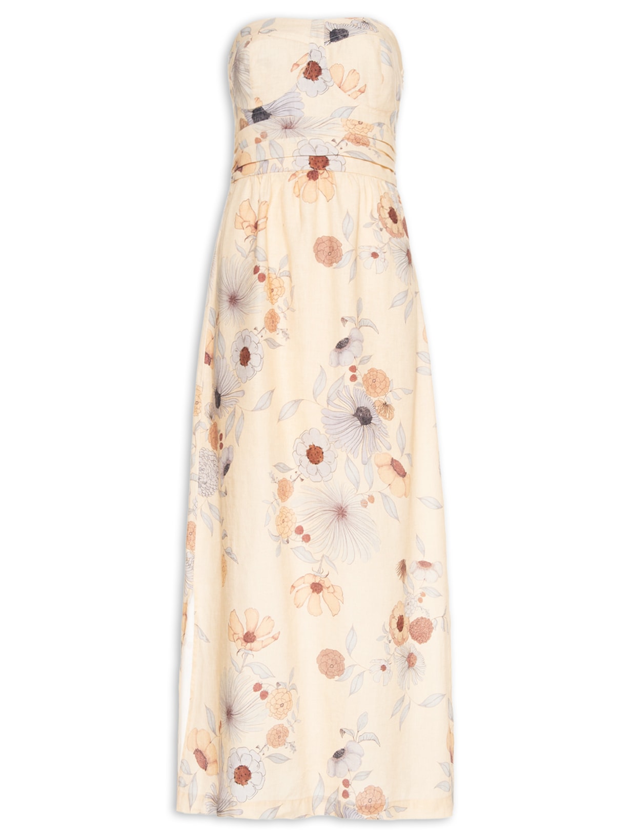 Vestido Sem Alça Linho Estampa Fleur - Bege