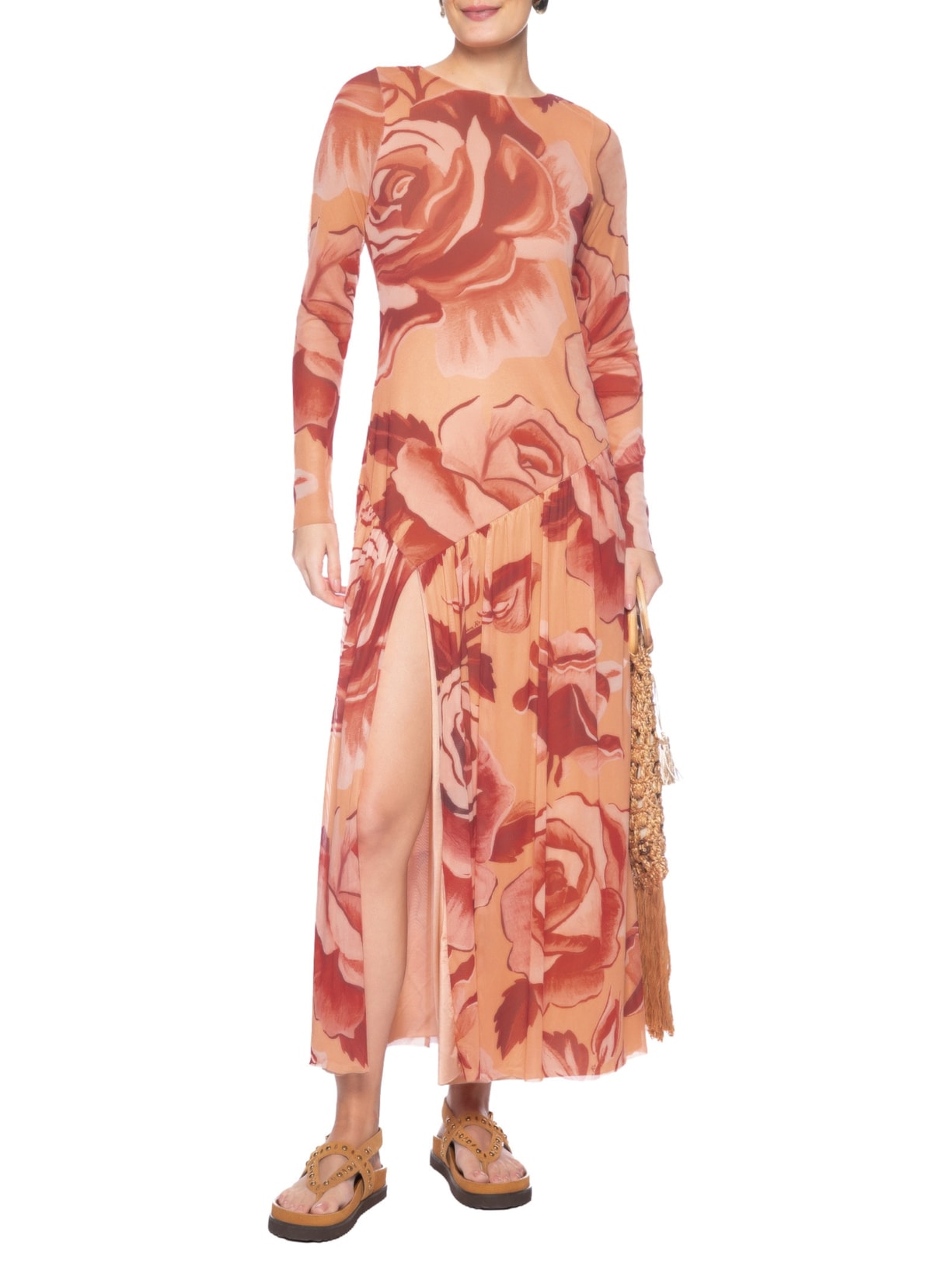 Vestido Sobreposição Tule Rosas Pintadas Rosa Farm