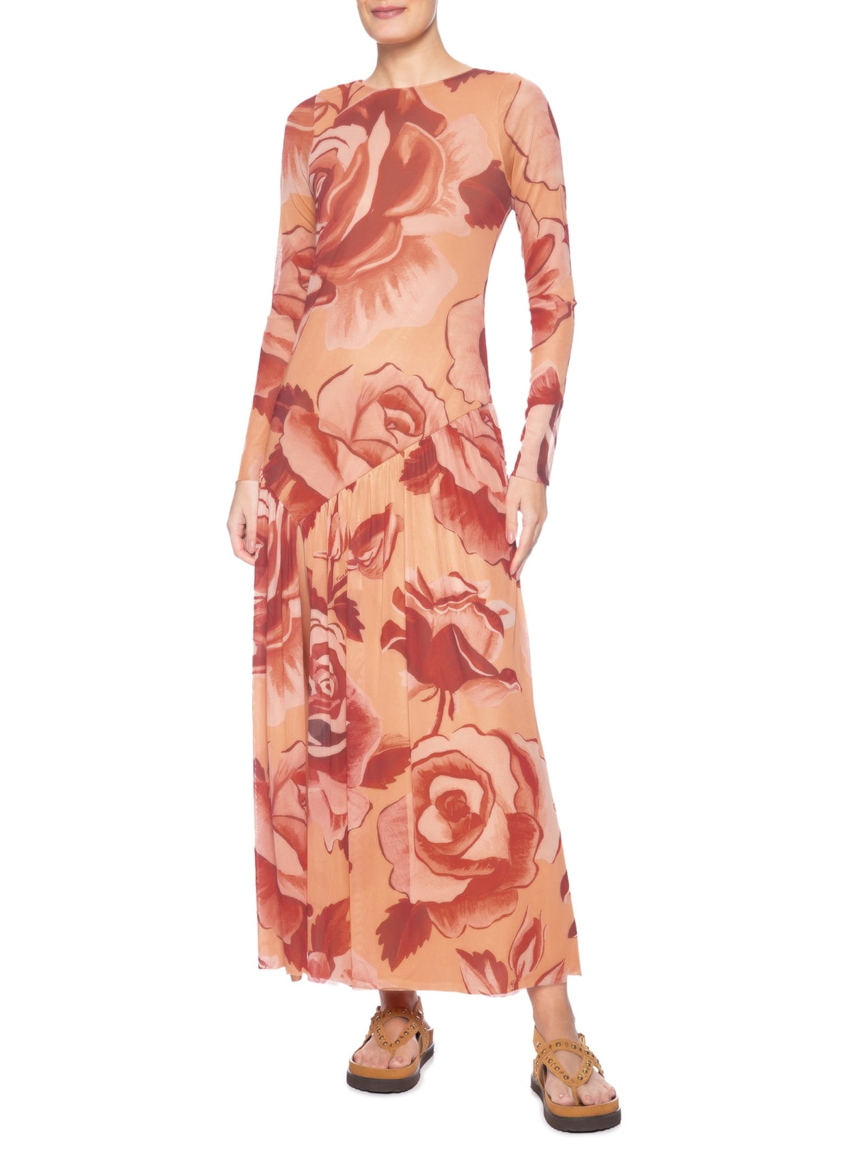 Vestido Sobreposição Tule Rosas Pintadas Rosa Farm
