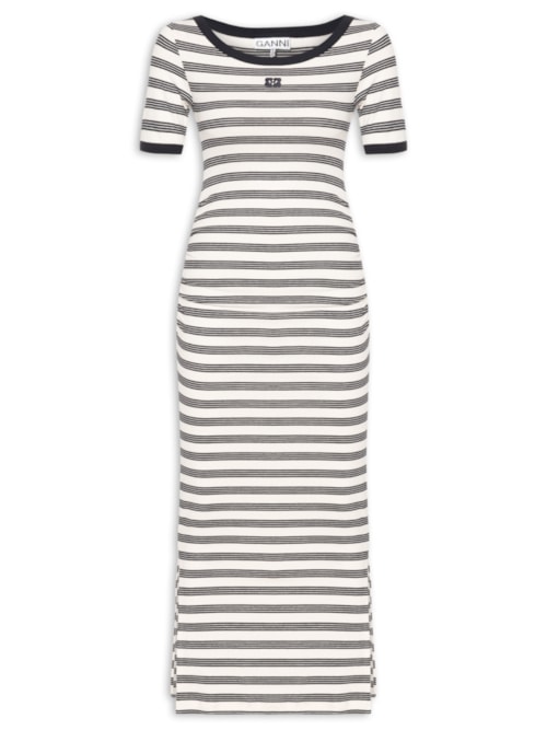 Vestido Striped Soft Cotton Rib Short Sleeve Dress - Azul