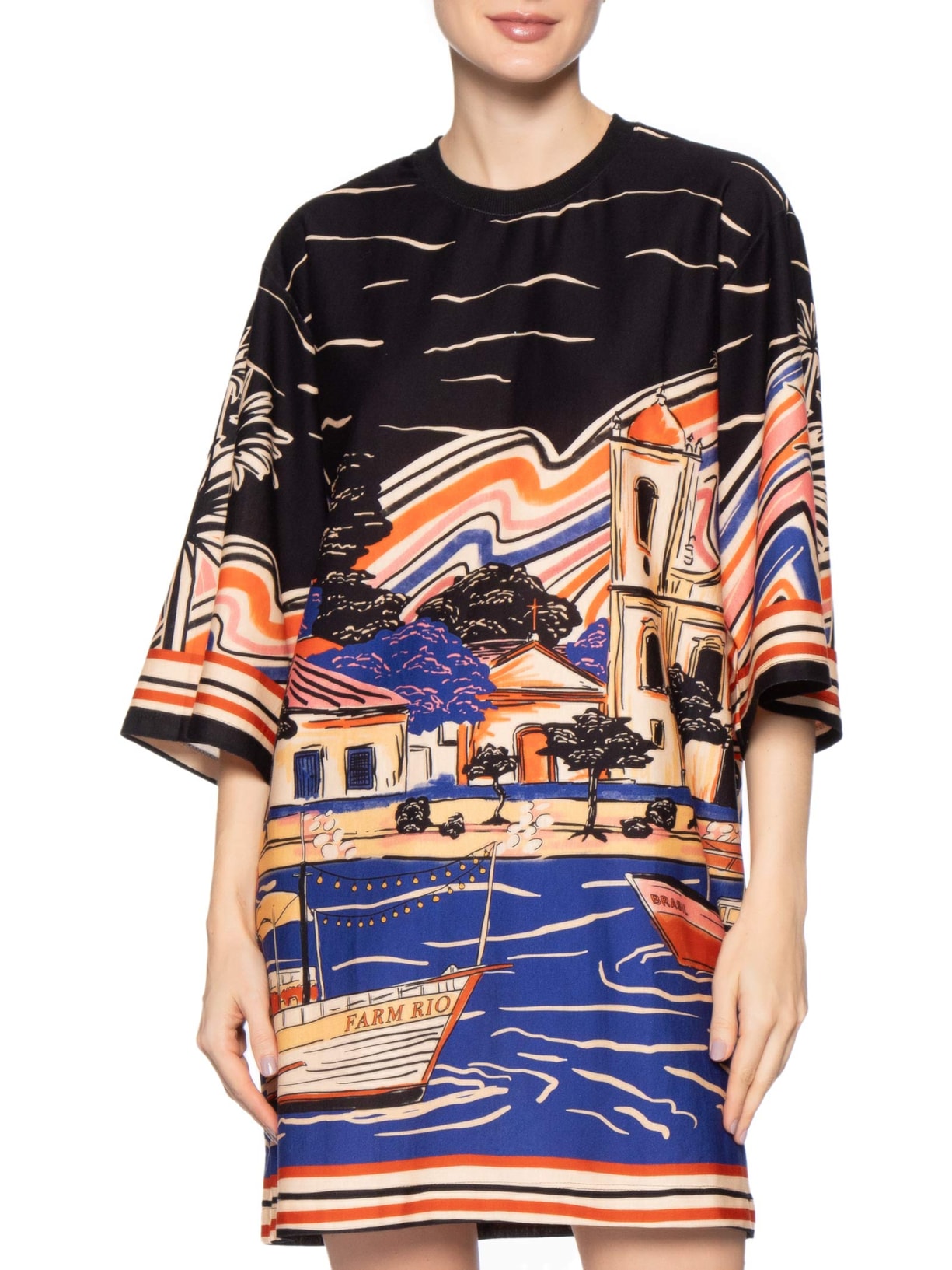 Vestido T-shirt Big Lenço Paraty Preto Farm