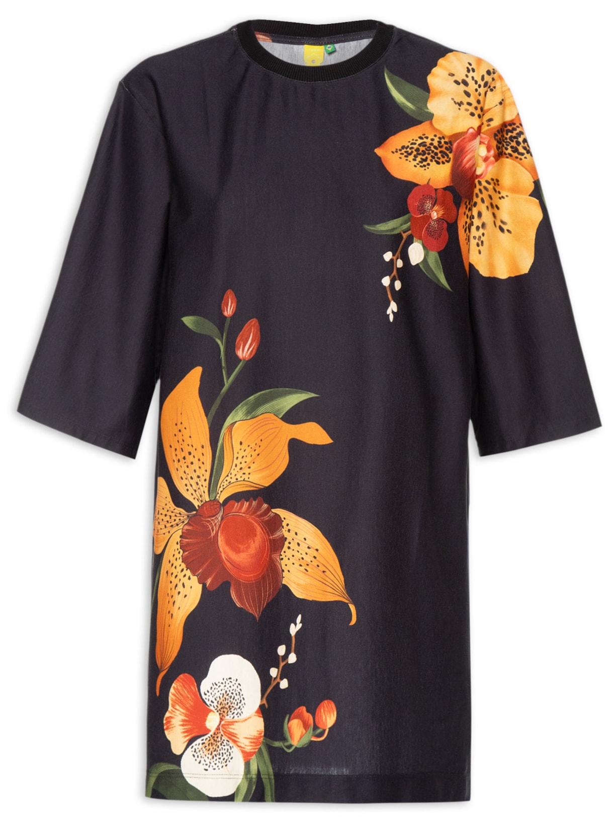 Vestido T-Shirt Big Selva De Flor Preto Farm