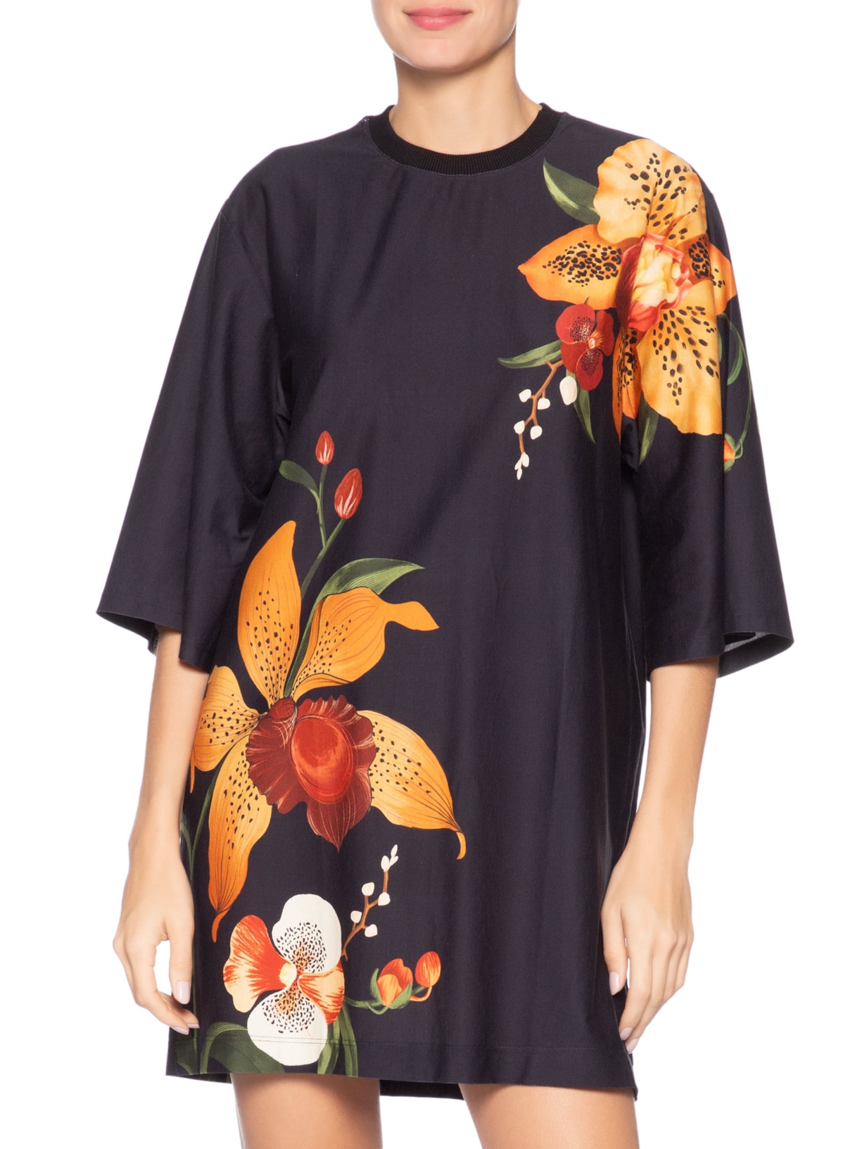 Vestido T-Shirt Big Selva De Flor Preto Farm