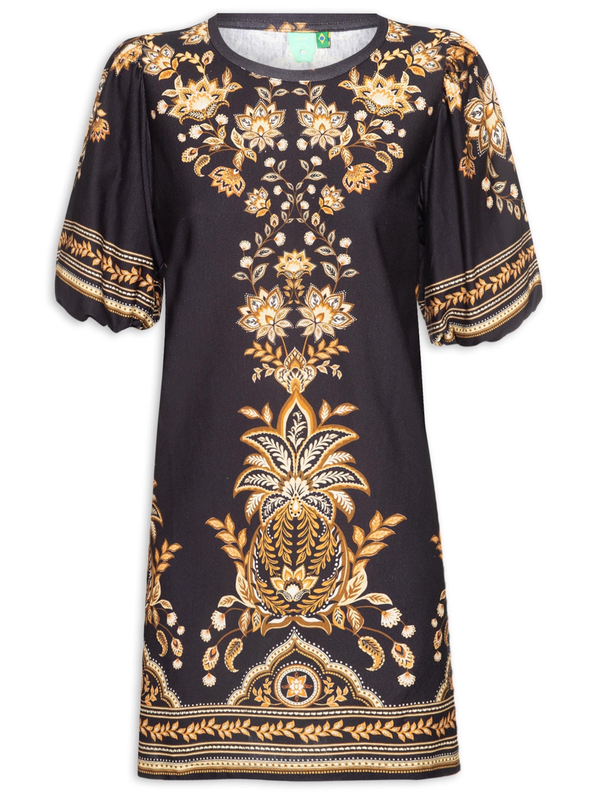 Vestido T-shirt Manga Bufante Flora Abacaxi - Preto