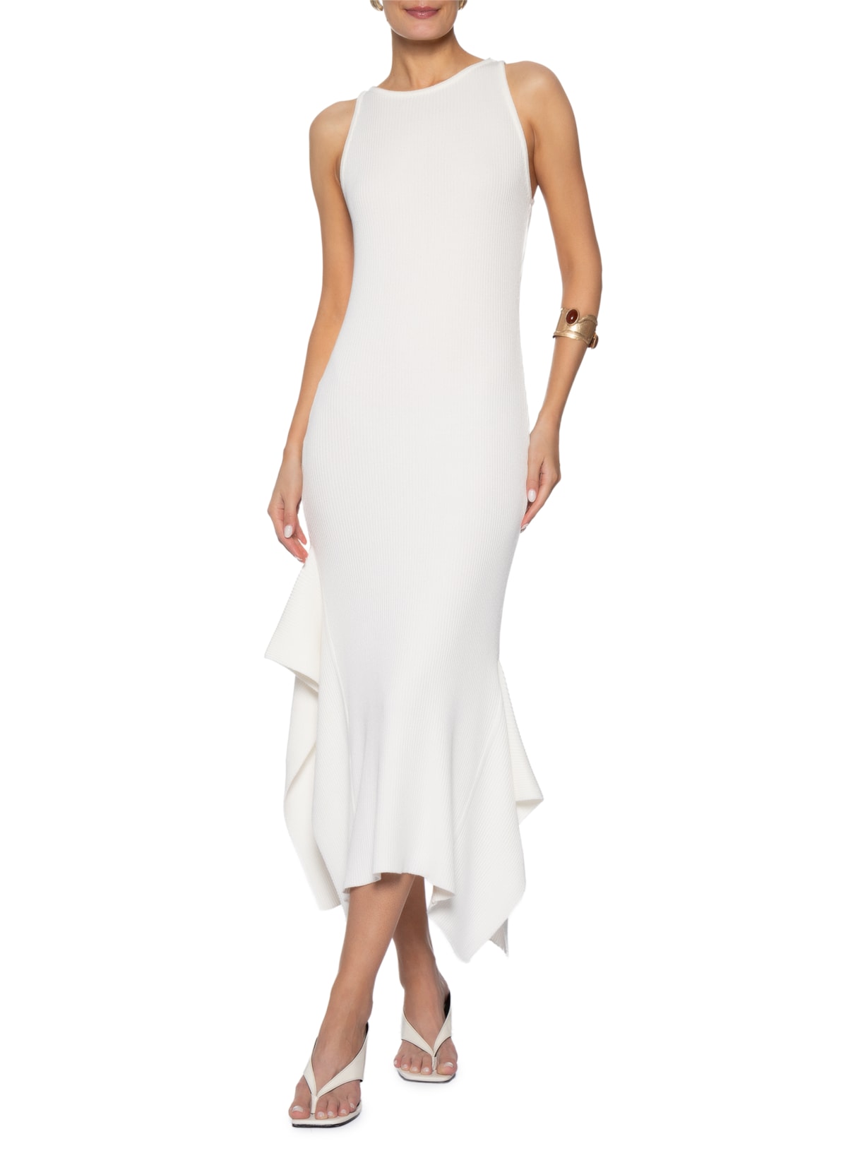 Vestido Tricô Longo Sem Manga Off White Bo