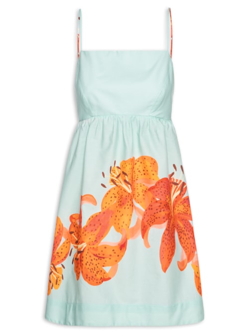 Vestido Tricoline Estampa Lírios - Azul