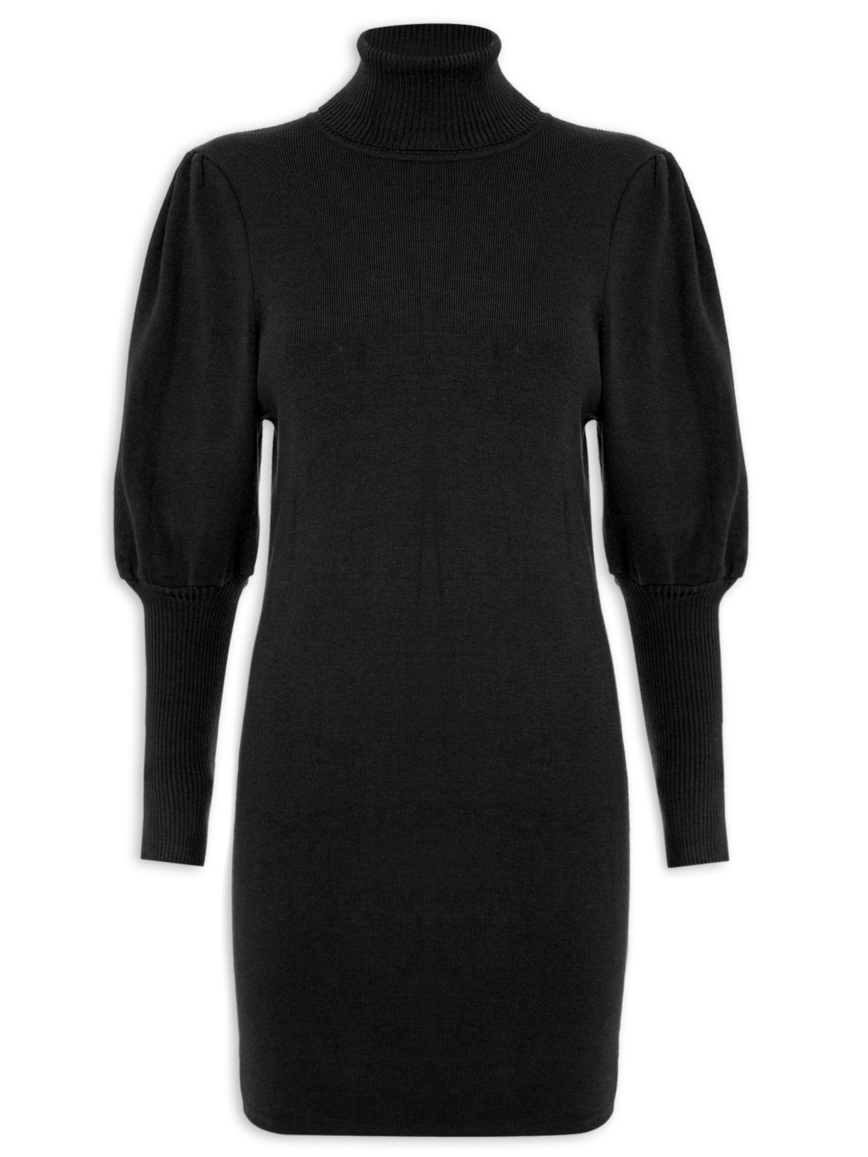 Vestido Tricot Com Gola Alta - Preto