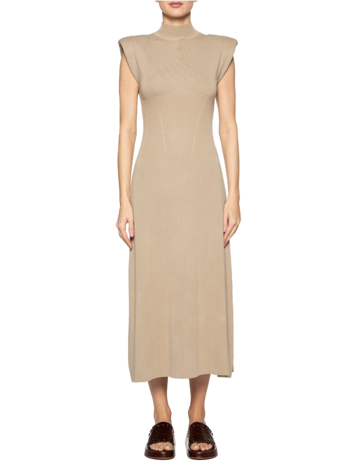 Vestido Tricot Com Ombreiras Bege Basiq