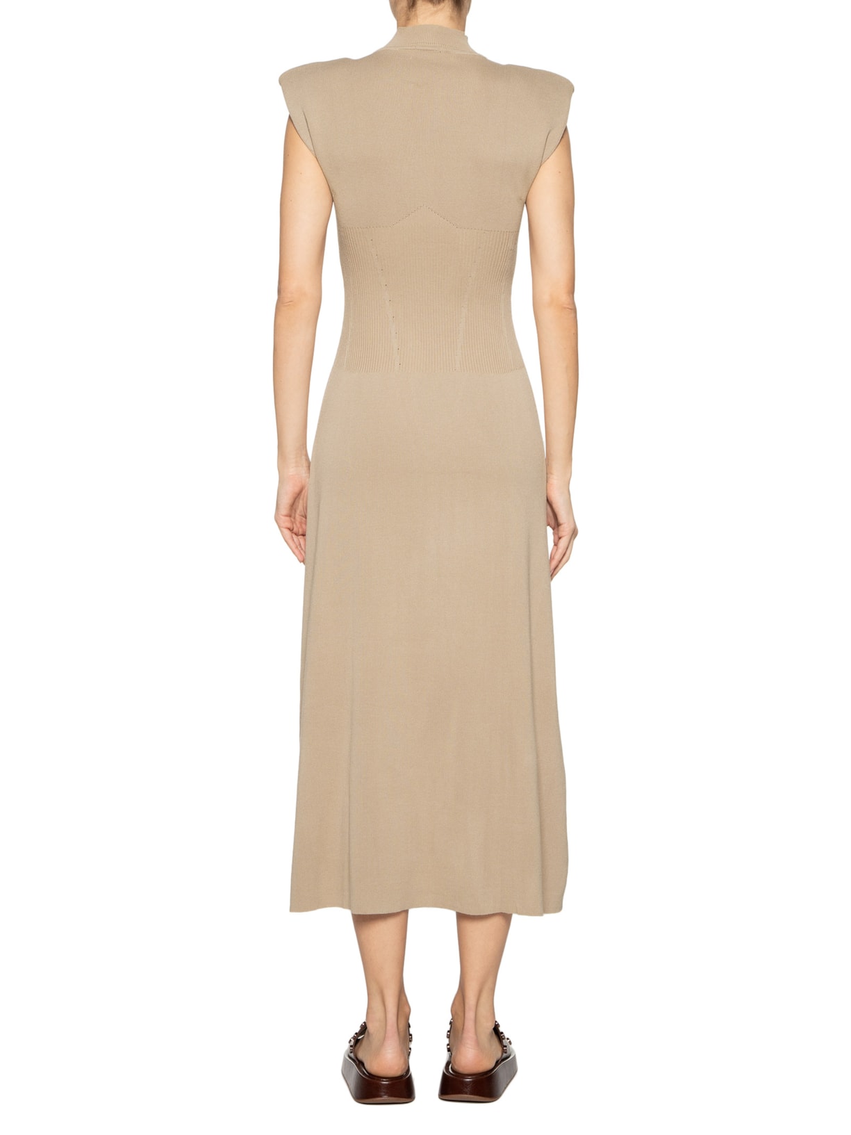 Vestido Tricot Com Ombreiras Bege Basiq