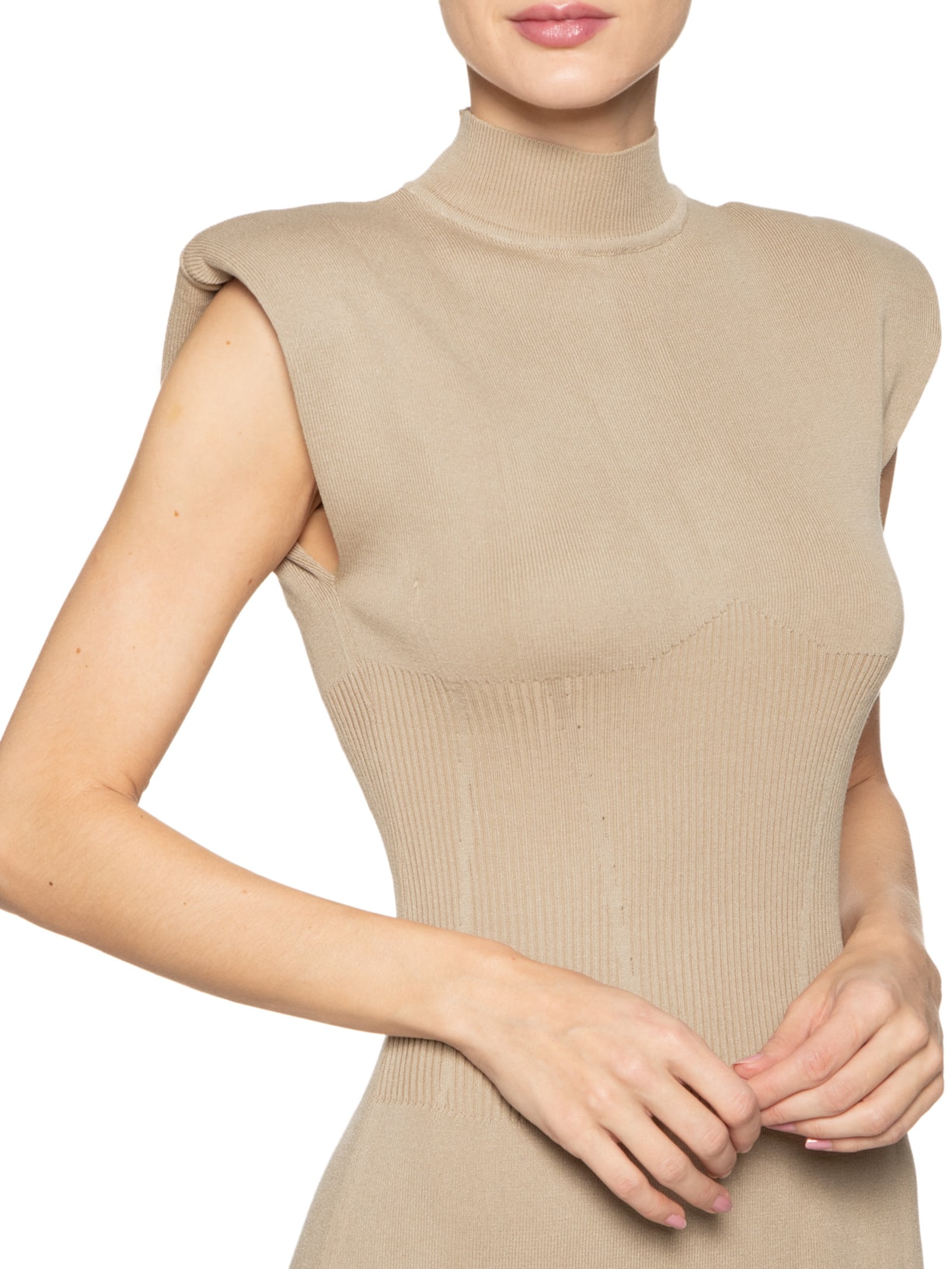 Vestido Tricot Com Ombreiras Bege Basiq