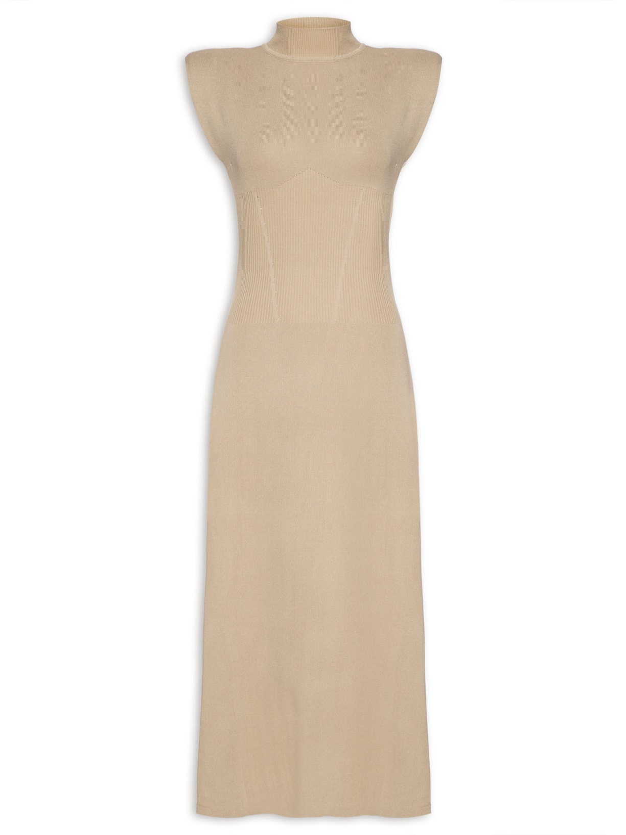 Vestido Tricot Com Ombreiras Bege Basiq
