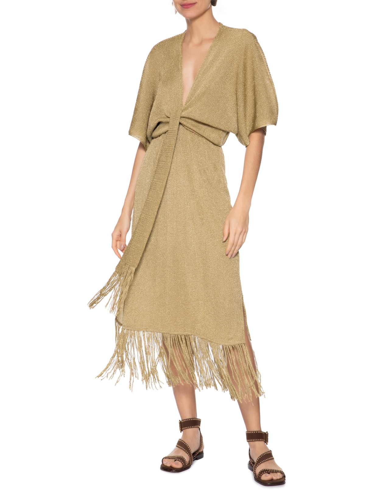 Vestido Tricot Franjas Amarração Dourado Maria Filó