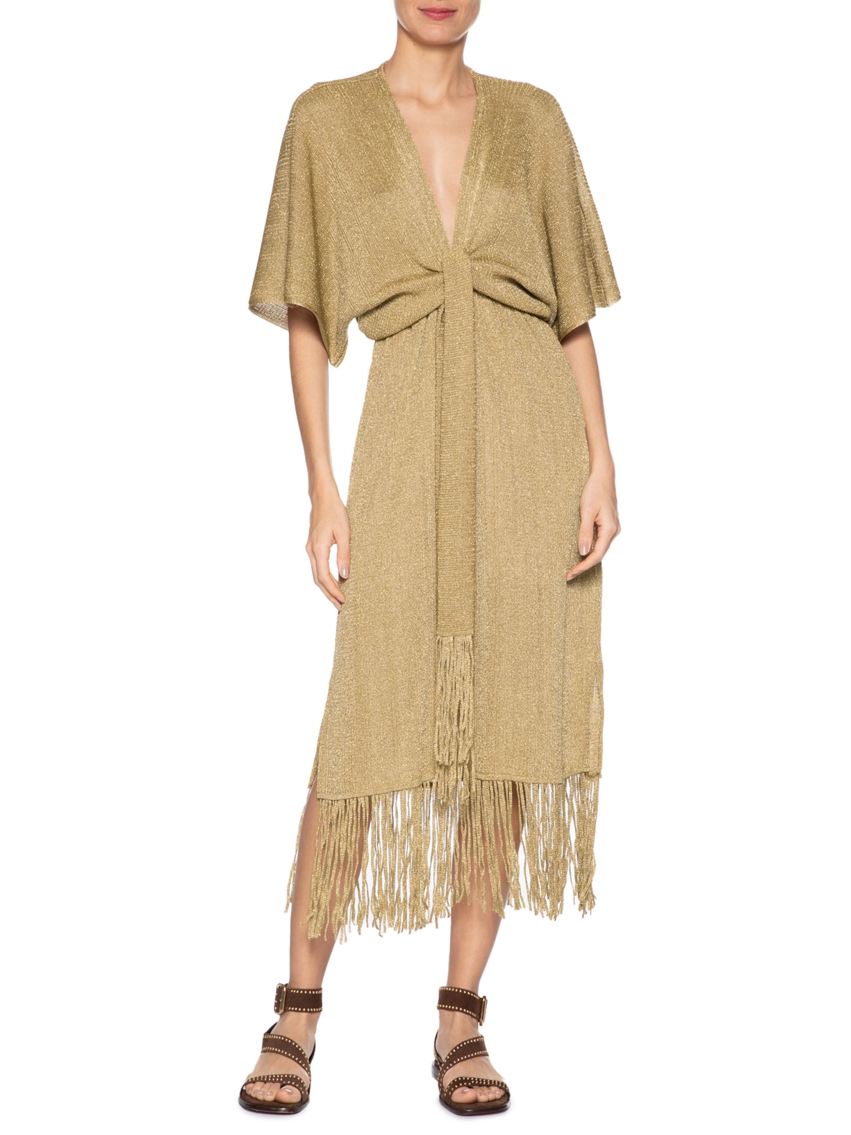 Vestido Tricot Franjas Amarração Dourado Maria Filó