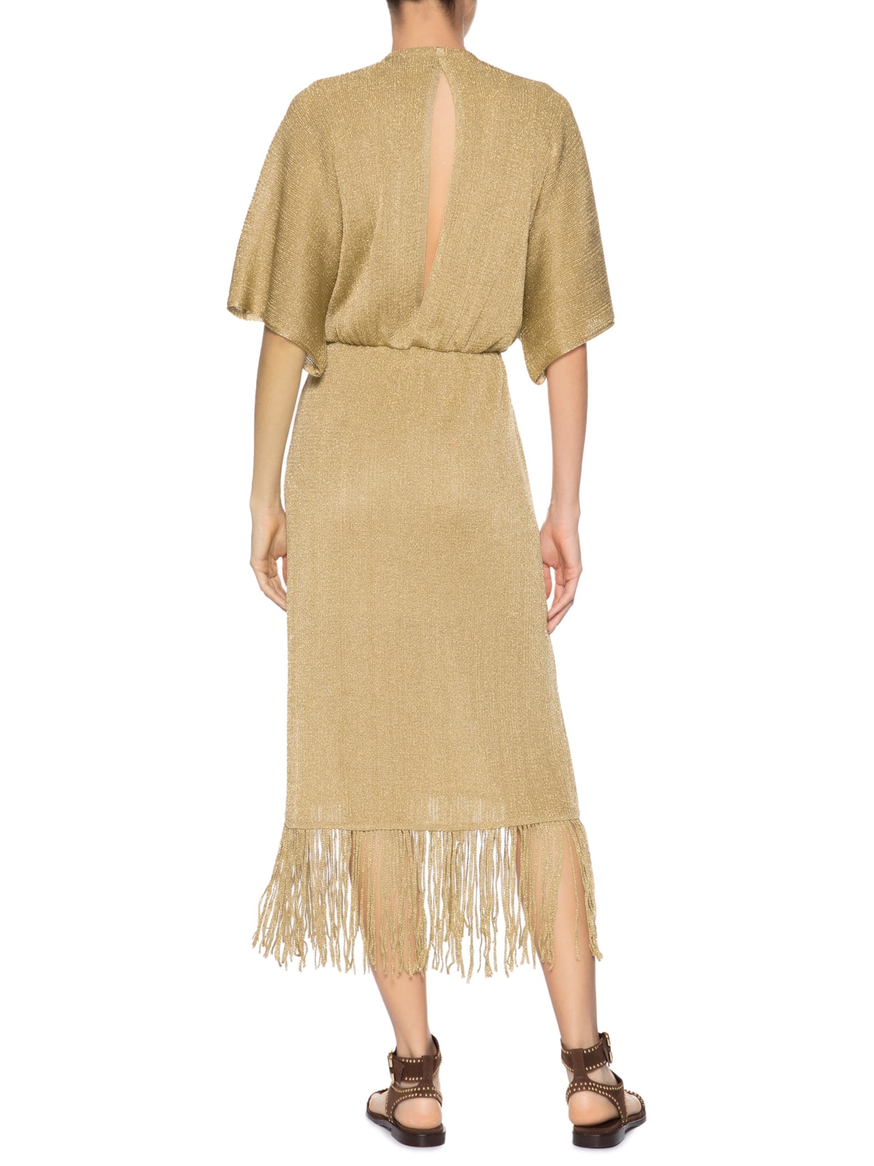 Vestido Tricot Franjas Amarração Dourado Maria Filó
