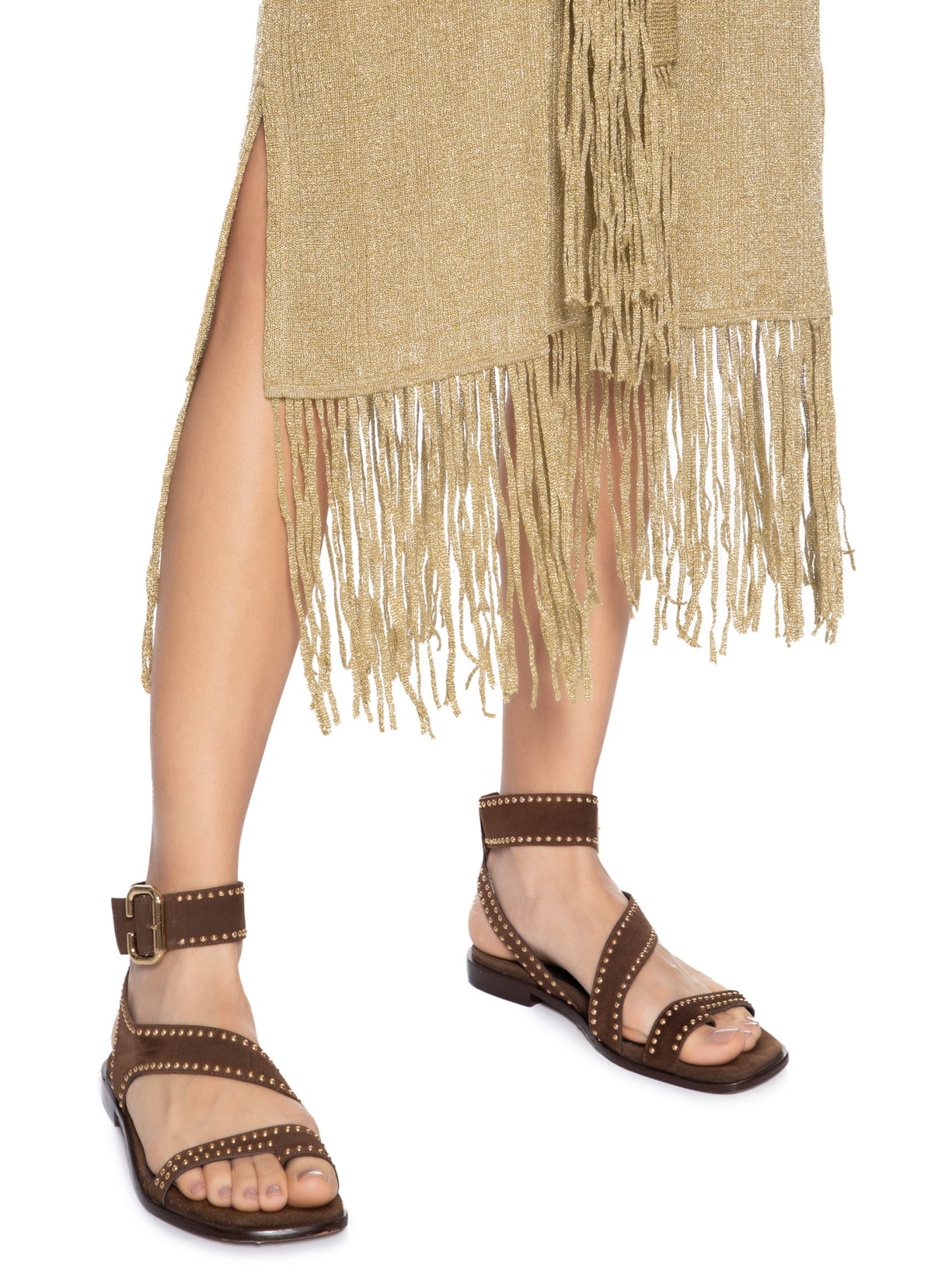 Vestido Tricot Franjas Amarração Dourado Maria Filó