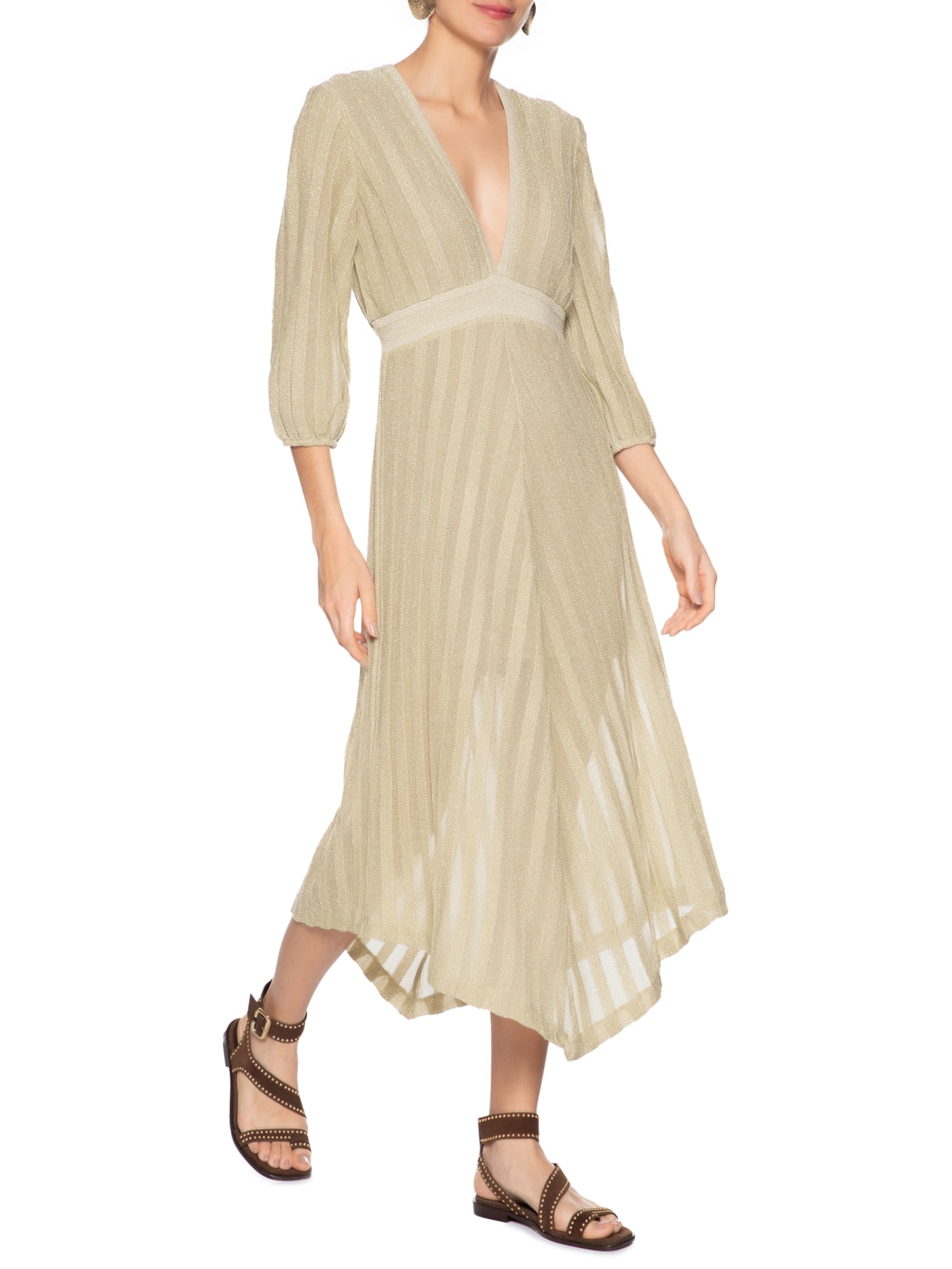 Vestido Tricot Longo Listras 3D Dourado Maria Filó