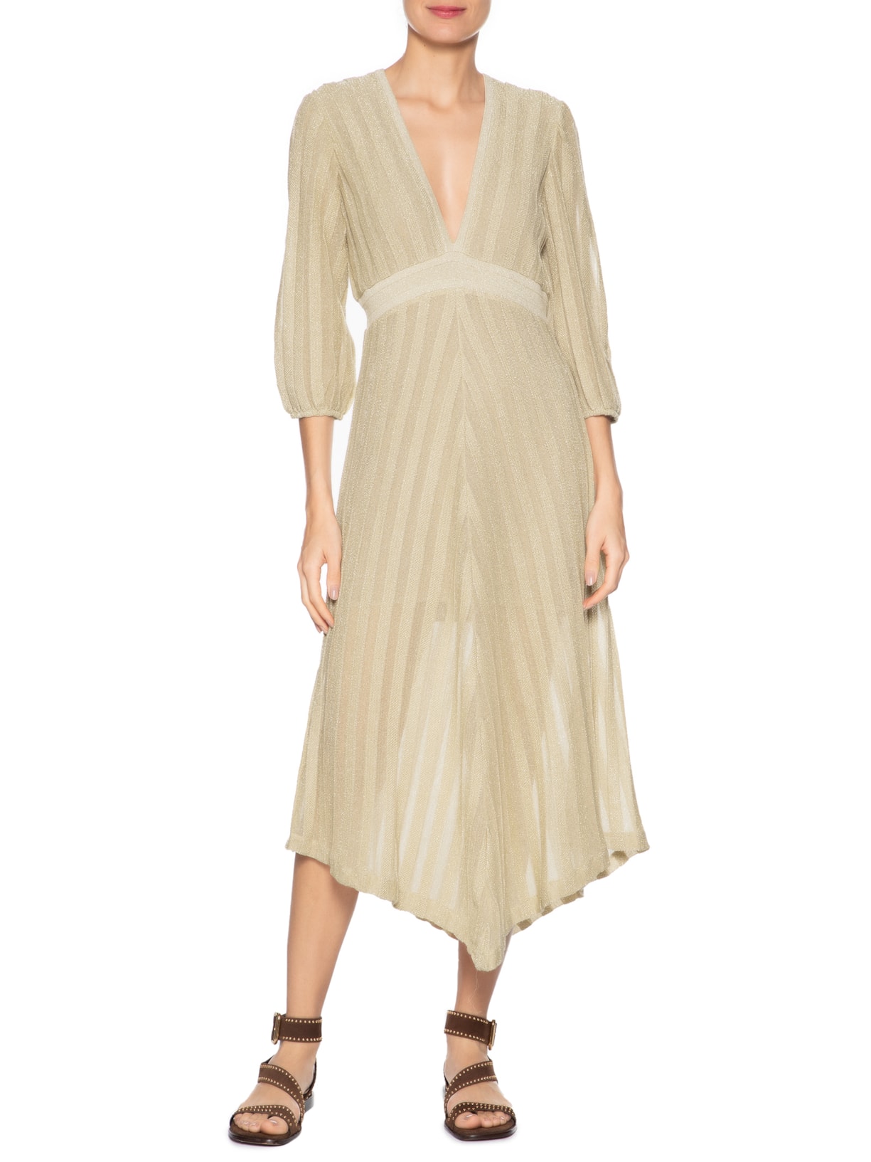 Vestido Tricot Longo Listras 3D Dourado Maria Filó