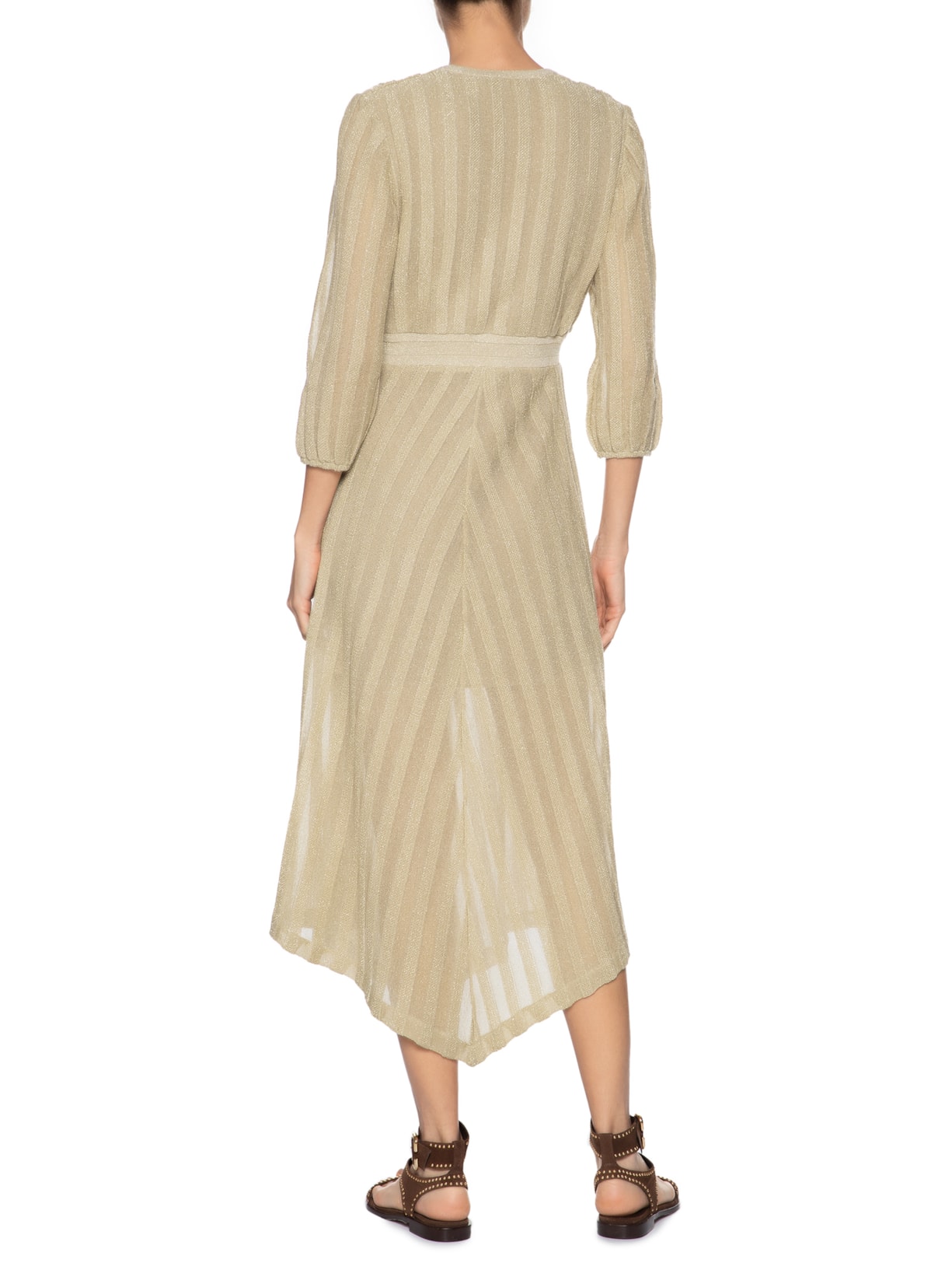 Vestido Tricot Longo Listras 3D Dourado Maria Filó