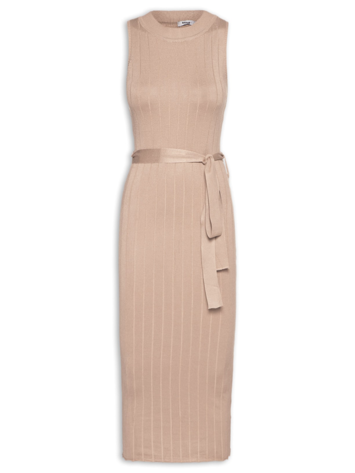 Vestido Tricot Midi Com Cinto Sem Manga - Bege