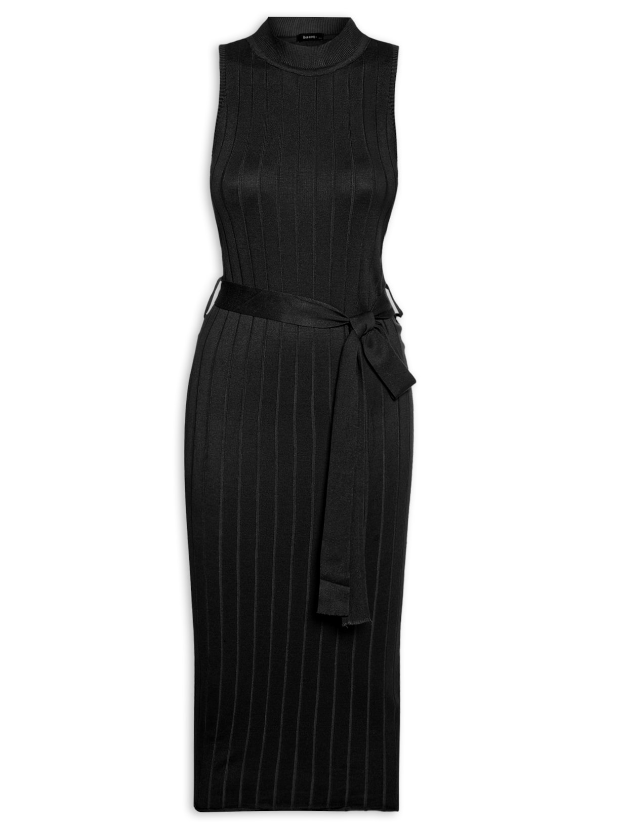 Vestido Tricot Midi Com Cinto Sem Manga - Preto