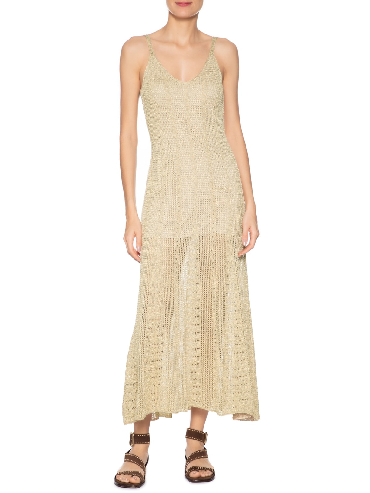 Vestido Tricot Nesgas Ponto Telado Dourado Maria Filó