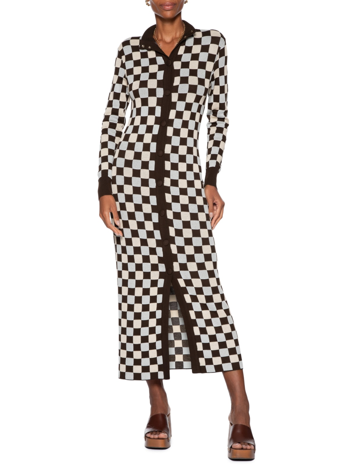 Vestido Tricot Quadriculado Marrom Coven