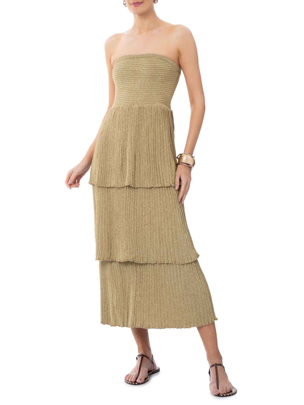 Vestido Tricot Sem Alça Babados Dourado Maria Filó