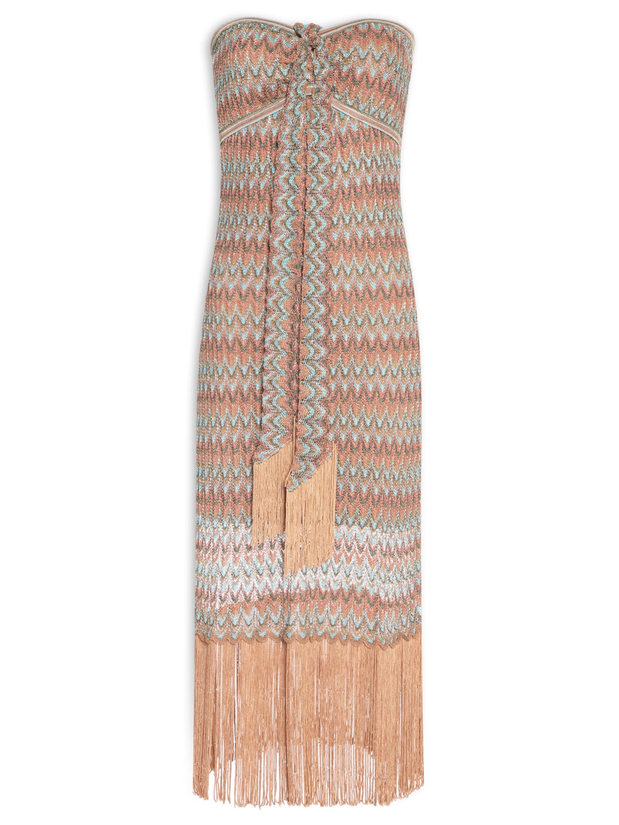 Vestido Tricot Sem Alça Chevron Franjado - Azul