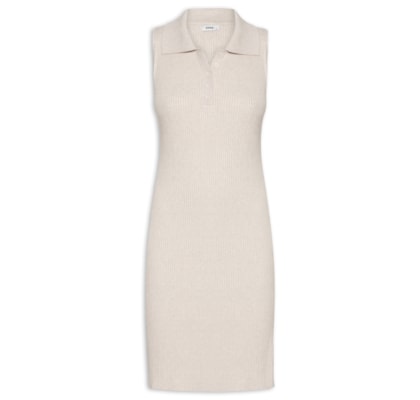 Vestido Tricot Texturizado Mini Gola Esporte - Bege