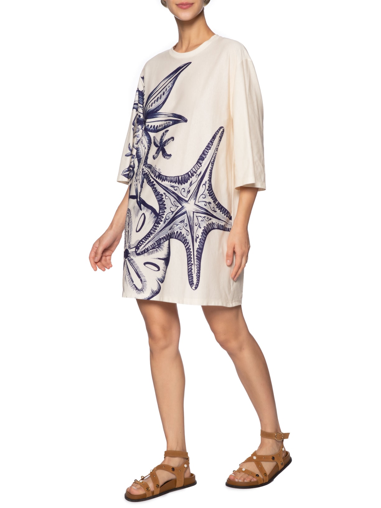 Vestido Tshirt Big Mar De Estrelas Bege Farm