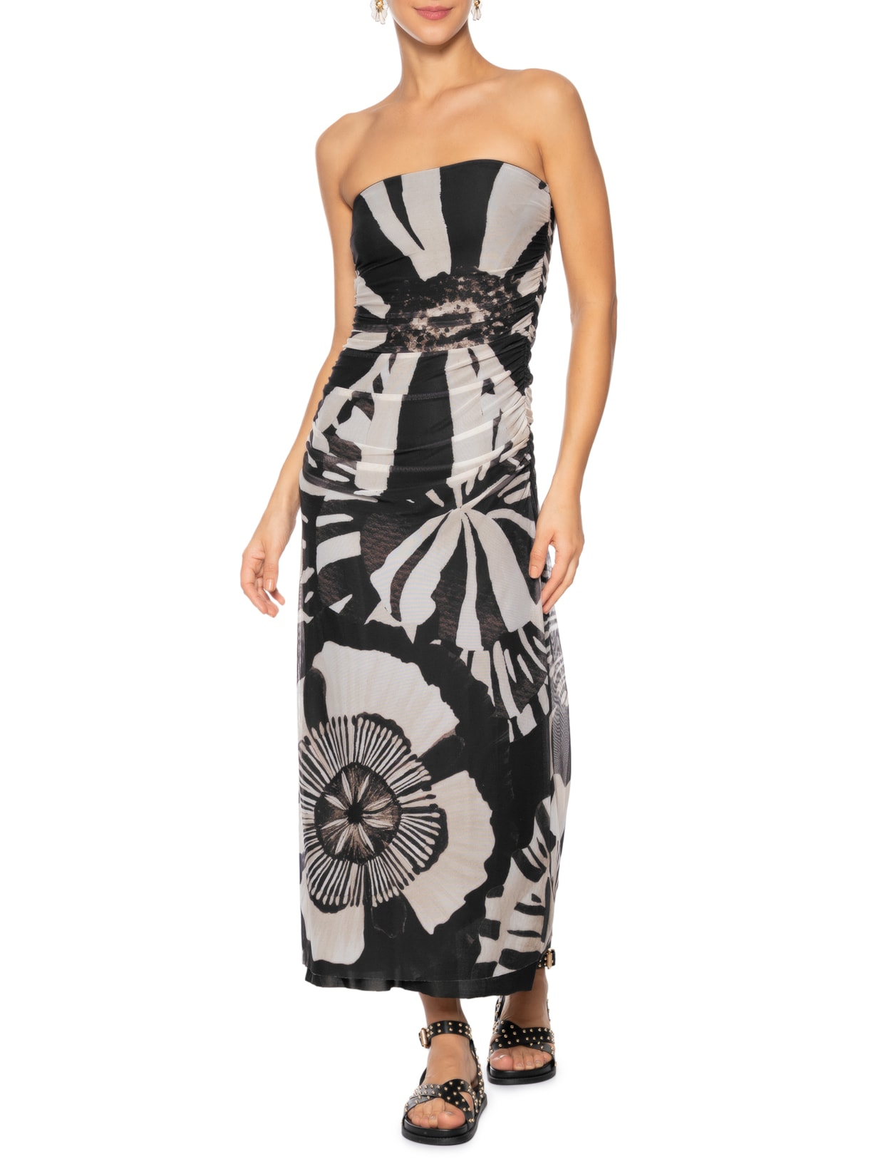 Vestido Tule Flora Preto Farm