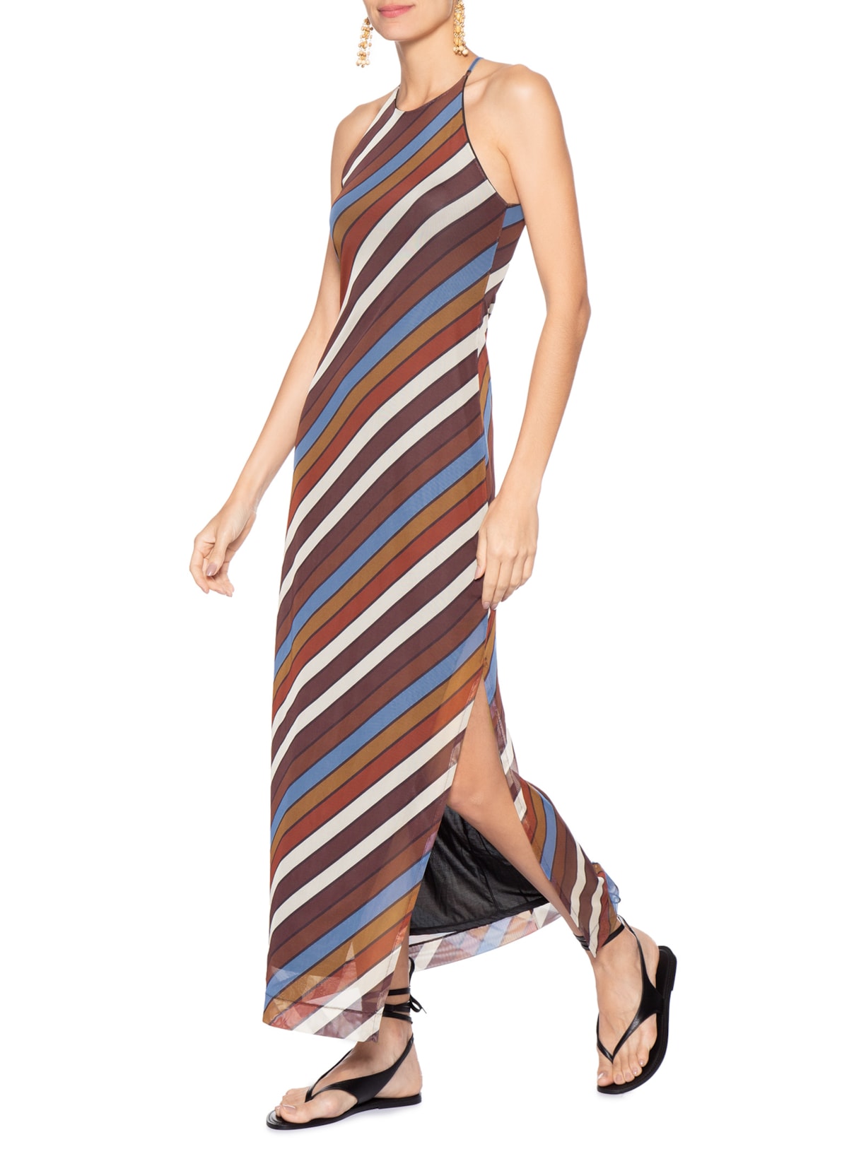 Vestido Tule Longo Estampa Sintonia Marrom Dress To