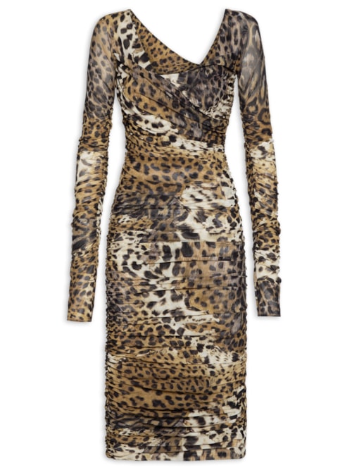 Vestido Tule Manga Longa Decote V Drapeado - Animal Print