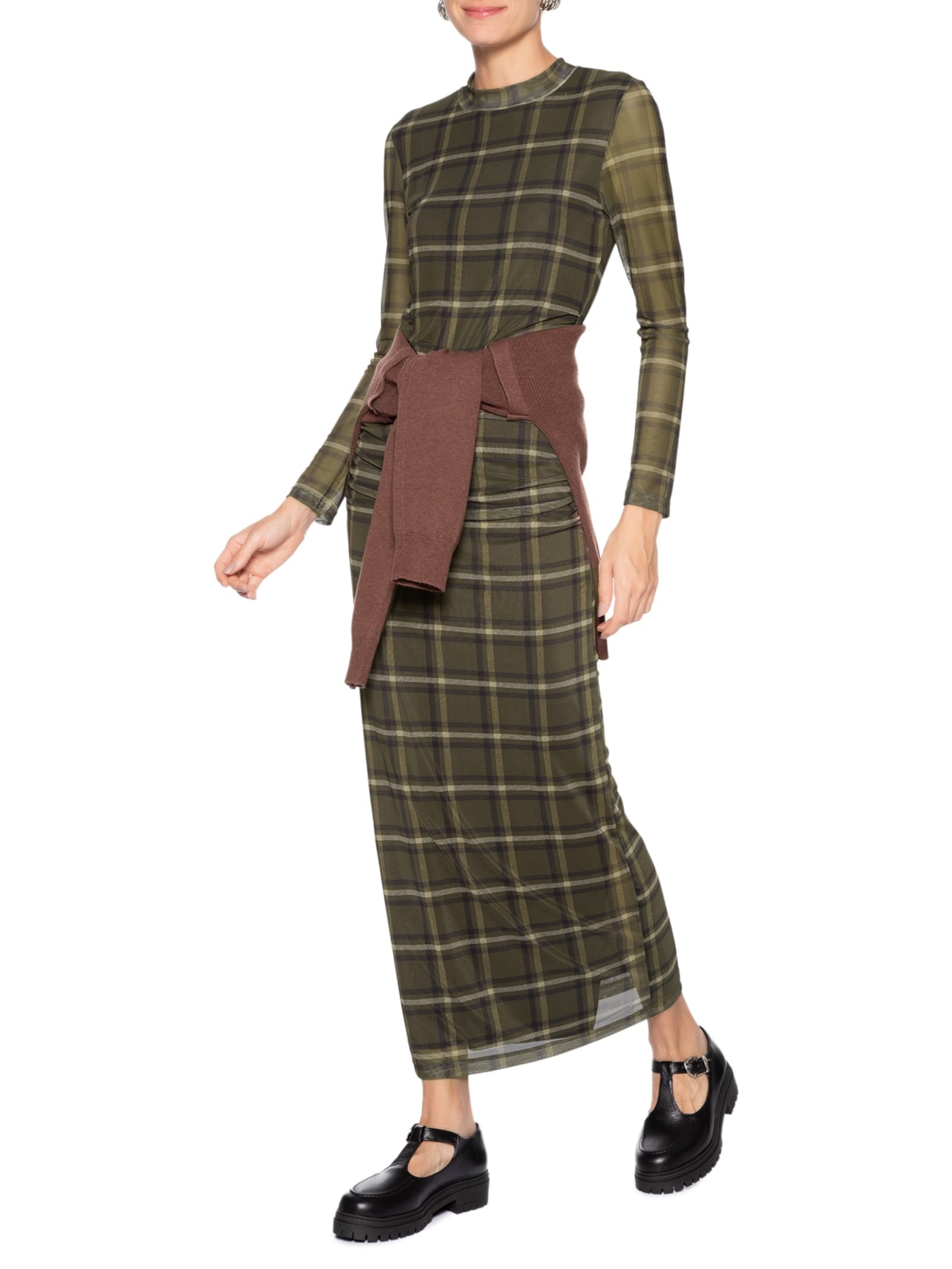 Vestido Tule Manga Longa Xadrez Verde Animale Jeans