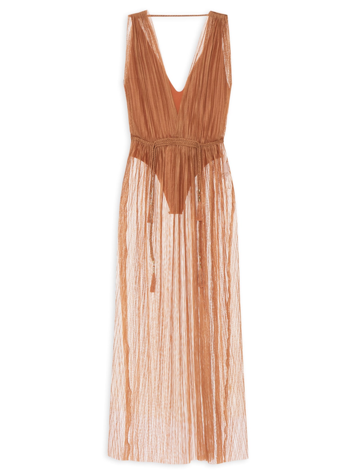 Vestido Tule Plissado - Marrom