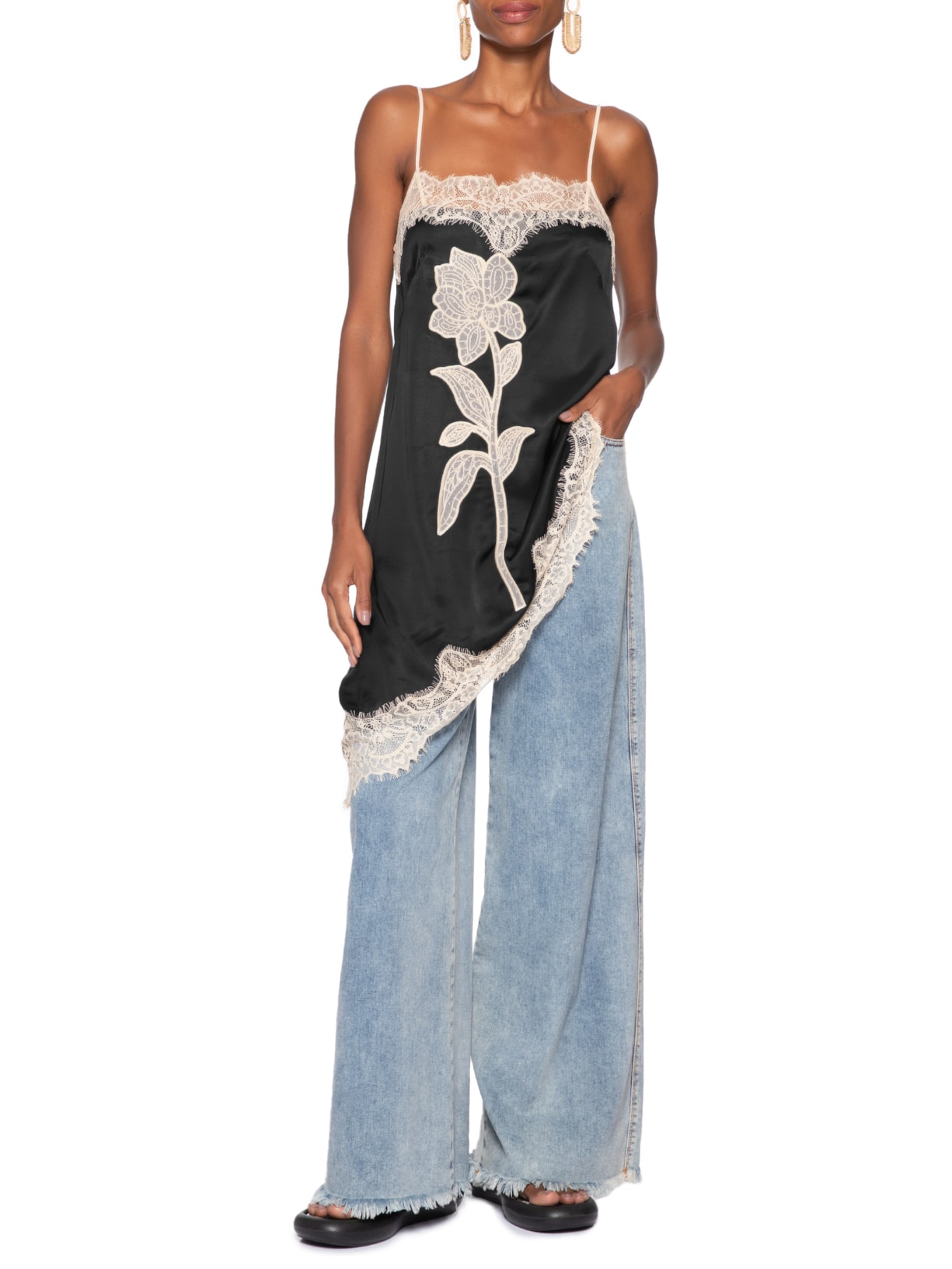 Vestido Túnica Artesanal Floral Renda Preto Farm