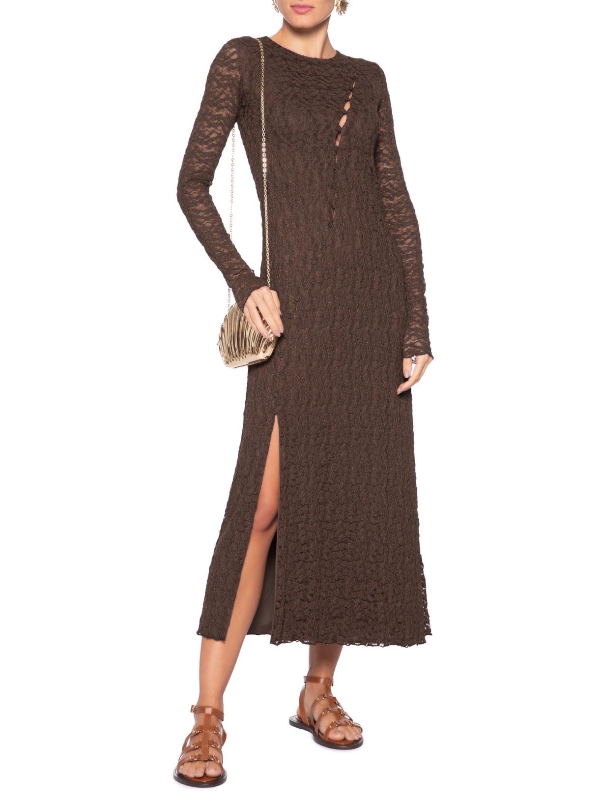 Vestido Túnica Botões Renda Marrom Farm