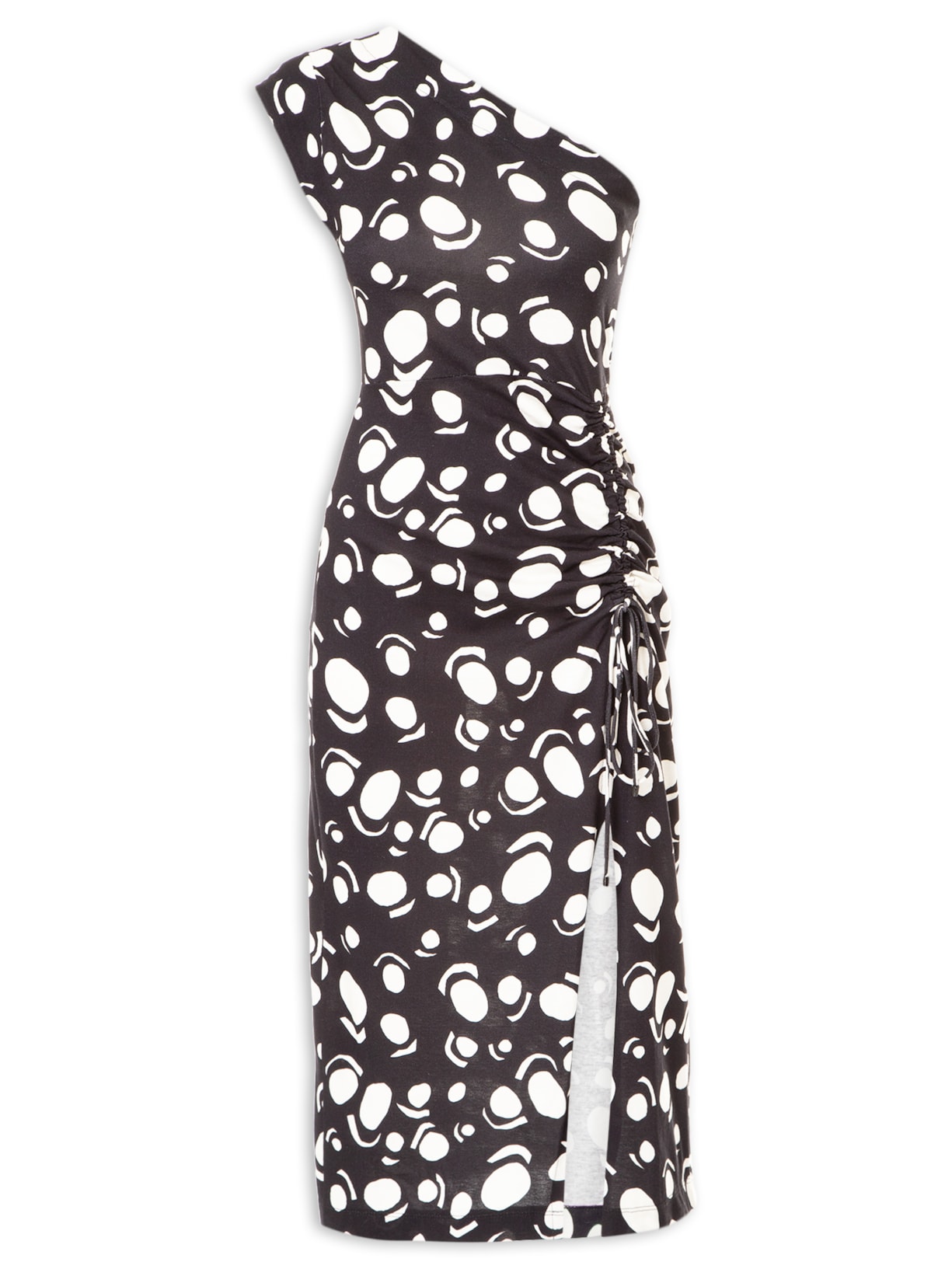 Vestido Um Ombro Franzido - Preto