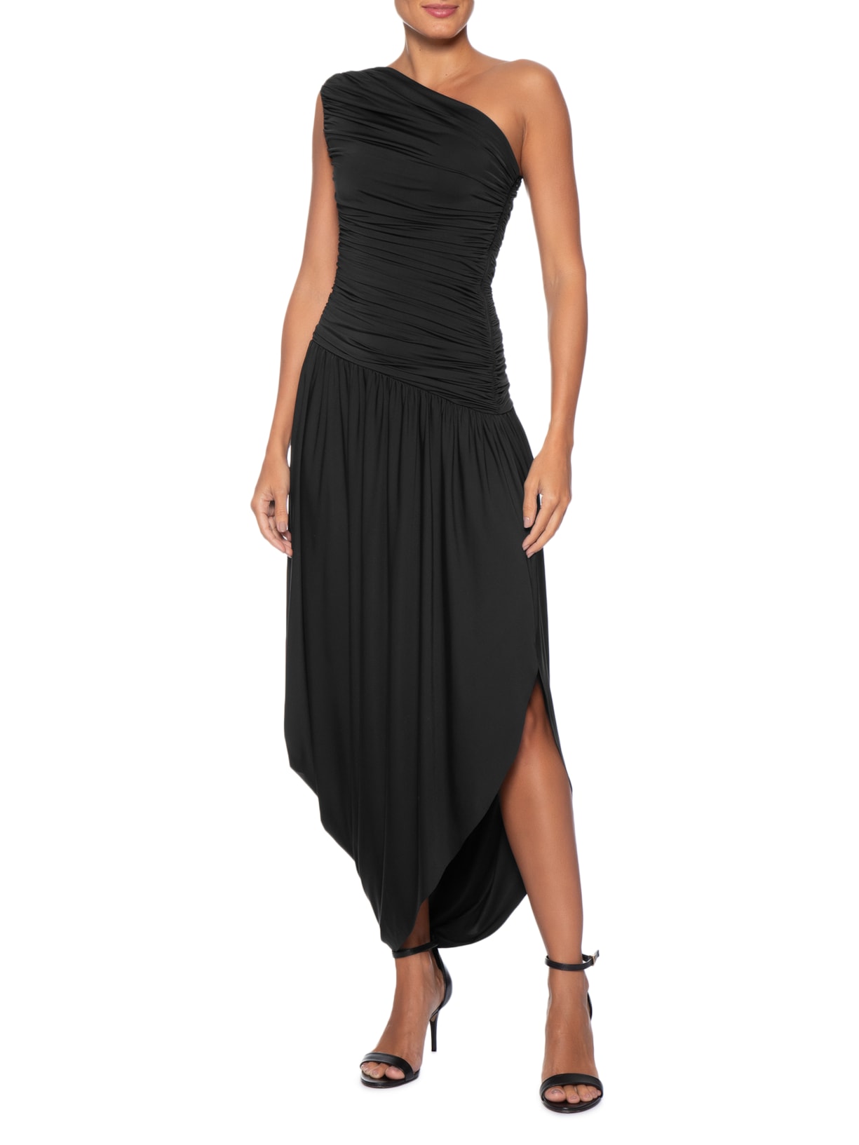 Vestido Um Ombro Só Com Drapeados Em Malha Jersey Preto '2Essential