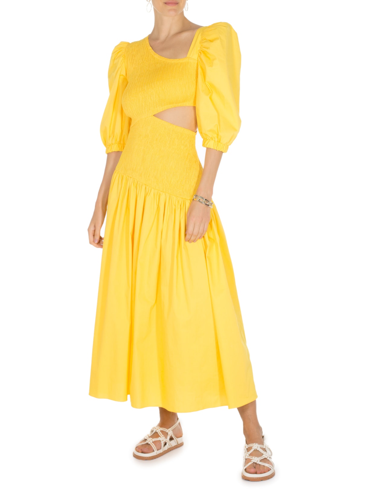 Vestido Vazado Midi Lastex Amarelo Skazi