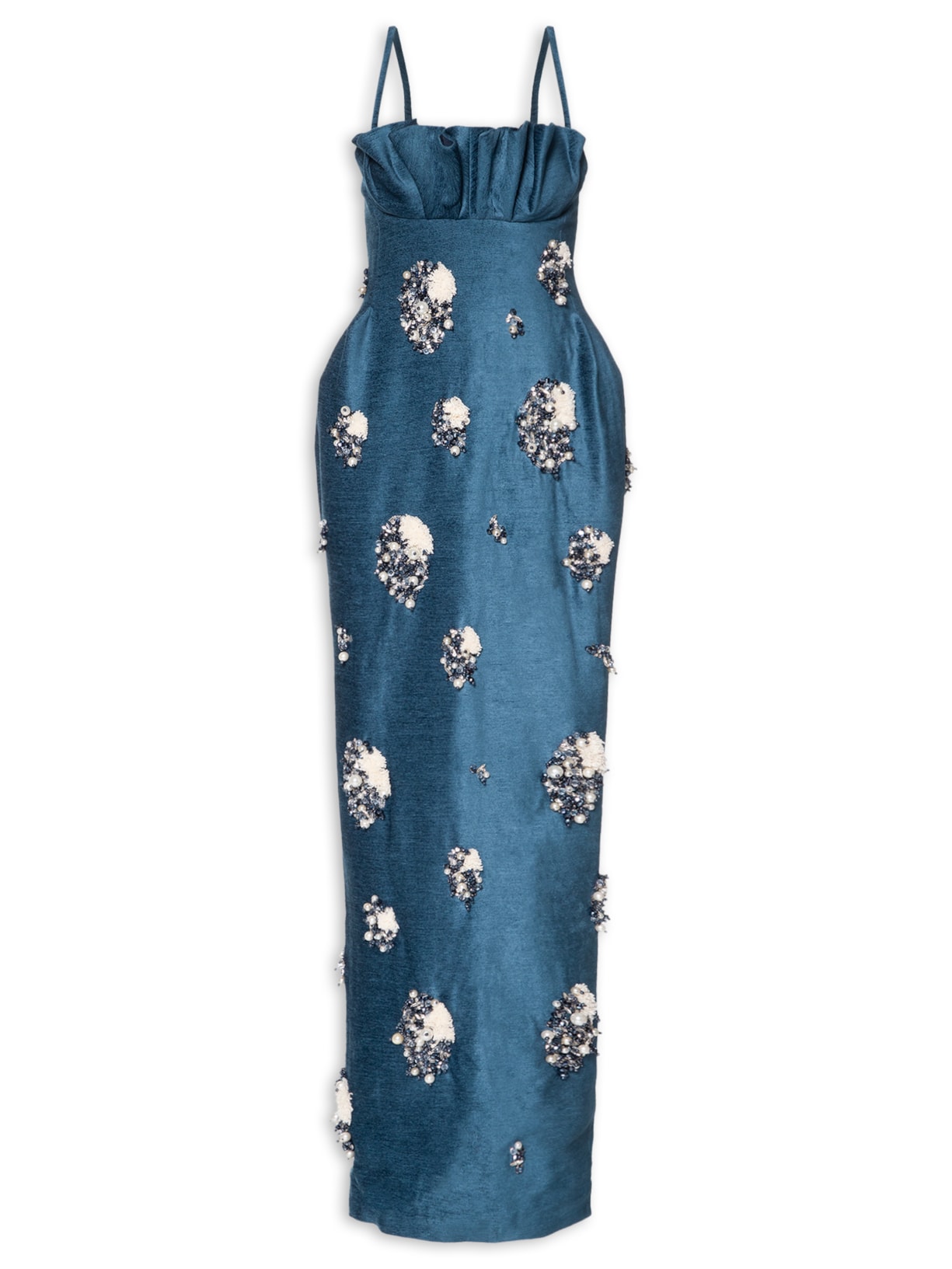 Vestido Veludo Bordado Azul Fauve