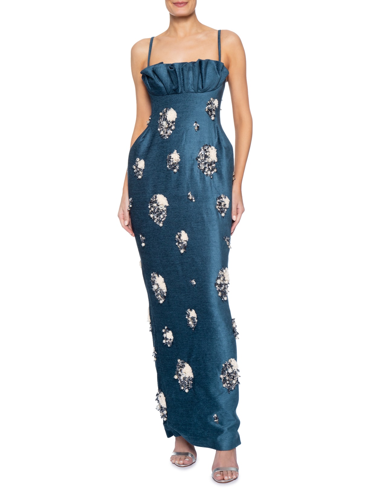 Vestido Veludo Bordado Azul Fauve