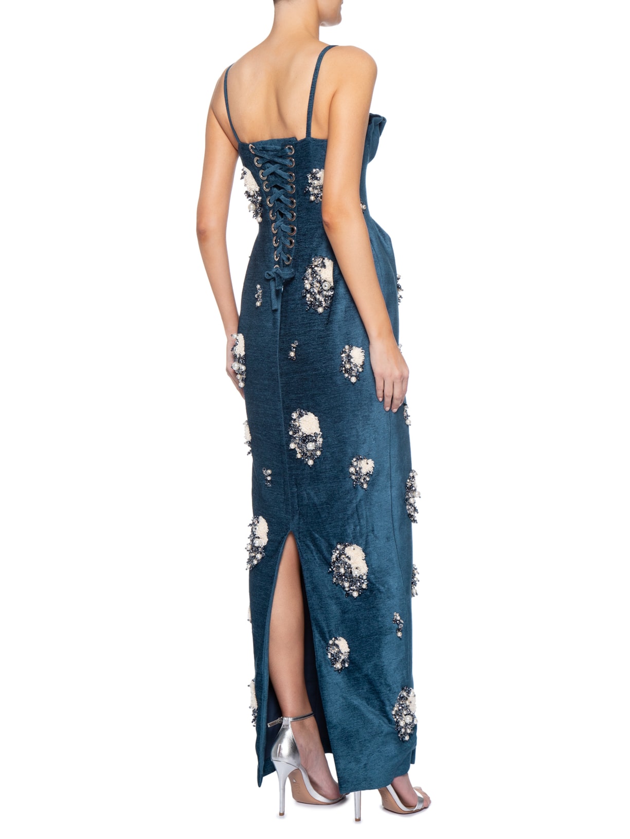Vestido Veludo Bordado Azul Fauve
