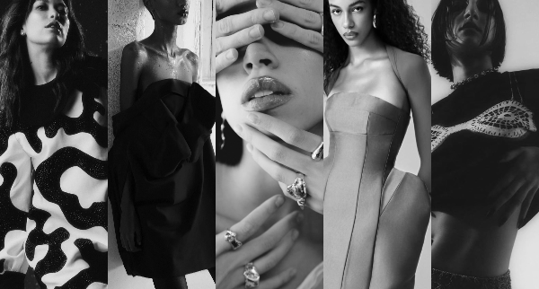 Editorial de moda em preto e branco com destaques para vestuário de design autoral e acessórios artesanais.