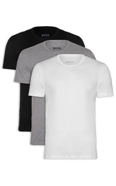 Kit de camisetas masculinas nas cores preto, branco e cinza da marca Boss