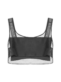 Top cropped feminino preto em tecido transparente tipo tule, com alças largas, decote U e faixa opaca sobre o busto da marca Galavote.